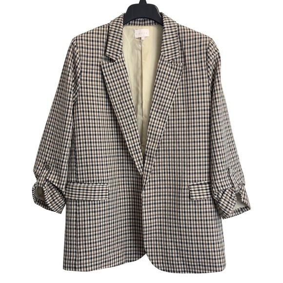 entro Jackets & Blazers - Entro Women Medium Brown Plaid Ruched 3/4 Sleeve Open Front Blazer Jacket